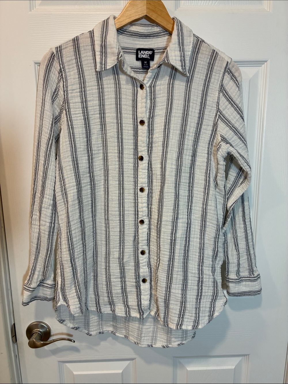 Lands' End Cream Button-Up Shirt with Gray Stripes
